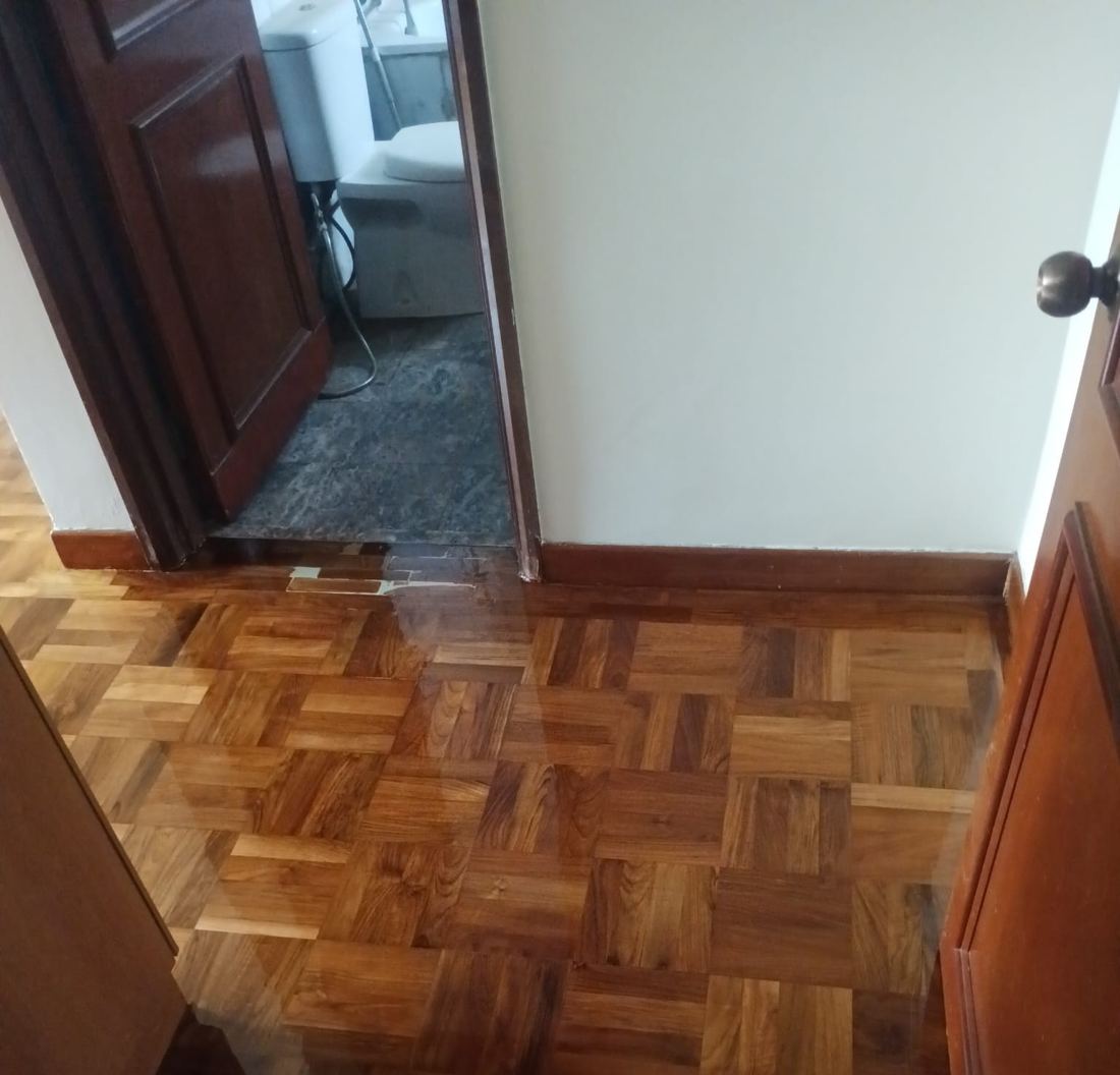 Mosaic parquet by a bathroom door after polishing