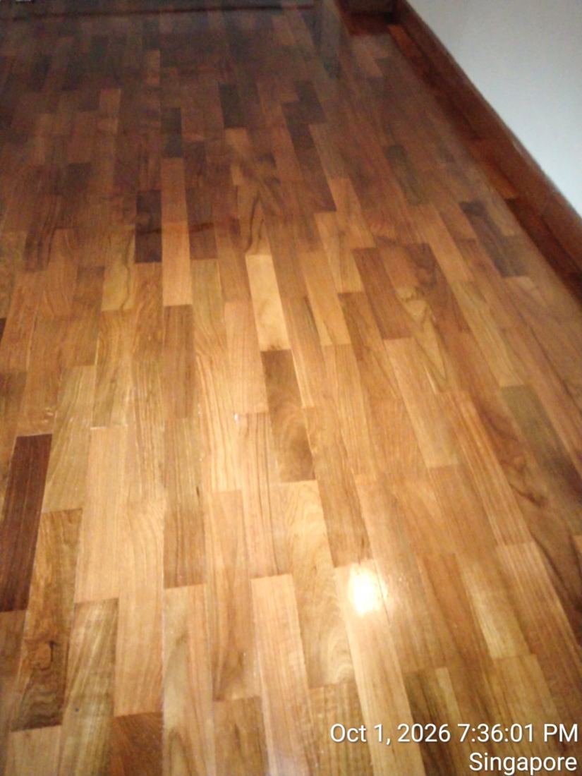 Close-up of varnished timber strip flooring
