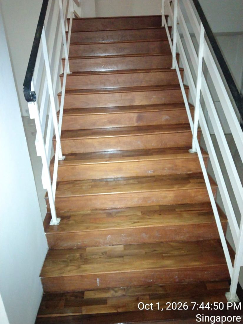Finished timber staircase viewed from the bottom